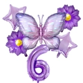 Detailed set of purple butterfly and star foil balloons for a 6th birthday celebration - Purple Butterfly Number 6
