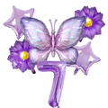 Detail of purple butterfly balloon set featuring metallic foil stars and number 7 balloon - Purple Butterfly Number 7
