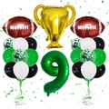 Detail of football party kit with champion trophy, number 9, and green latex balloons - Football Trophy Number 9 Set