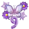 Detailed set of purple butterfly foil balloons with flower, star, and number 9 shapes - Purple Butterfly Number 9