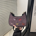 Purple crescent hobo bag with colorful embroidered bows and black leather shoulder strap - Purple