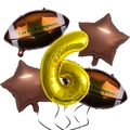 Close-up of Super Bowl theme balloon set with gold number 6 and brown football shapes - Sixth Number Style Rugby Star