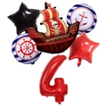 Detail of 6-piece pirate theme balloon set with red number 4 and ship for birthday party - Set 4