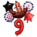 Close-up of pirate ship foil balloon set with red number nine and nautical anchors - Set 9