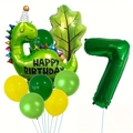 Kit ballons anniversaire dinosaure vert avec chiffre 7 et feuilles de jungle décor - Style Feuille de Dinosaure 7 (j041803)