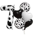 Close-up of number 7 cow print balloon set with heart and round foil decorations - Number 7 Style