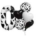 Detail of 6-piece cow print balloon set with large number zero and heart shapes - Number 0 Style