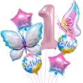 Detail of pink number 1 balloon with gradient butterflies and stars for 1st birthday decor - Number 1