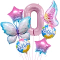 Close-up of pink 40 inch number 0 balloon with blue gradient butterfly and stars - Number 0