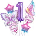 Detail of purple butterfly and star foil balloons with Happy Birthday round balloon - Number 1 Style (Butterfly Set 1)