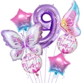 7-teiliges Set aus lila Schmetterlings- und Nummer 9 Folienballons für Geburtstagsdeko - Schmetterling Stern Set 9
