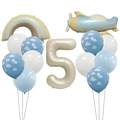 Kit ballons 5ème anniversaire thème aviation avec avion rétro et arc-en-ciel en aluminium - Chiffre 5 Kit