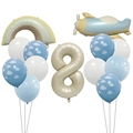 Kit ballons avion et arc-en-ciel bleu pastel avec chiffre 8 pour anniversaire - Chiffre 8 Kit