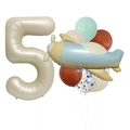 Kit ballon chiffre 5 beige mat avec avion vintage et ballons en latex Morandi - Ensemble Numéro 5