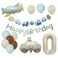 Blue and beige plane and car balloon set with number zero for birthday party decoration - Number 0 Decor Style
