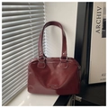 Glossy oil wax leather tote bag in dark wine red with elegant silver hardware - Red