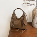 Retro bruine nubuck lederen 2-weg schoudertas en rugzak met metalen ritssluitingen - Bruin