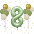 Kit ballon chiffre 8 vert sauge avec ballons latex dorés et crème pour fêtes - Chiffre 8
