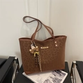 Brown leopard print tote bag with bear charm on a chair, winter fashion style - No Pendant / Brown