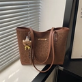 Brown leopard print tote bag in frosted faux suede with cute bear pendant charm - With Pendant / Brown