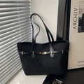 Minimalist black suede tote bag with golden metal buckle and long leather shoulder strap - Black