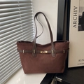 Deep brown suede tote bag with golden interlocking buckle and minimalist dual straps - Brown