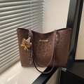 Brown leopard print tote bag with soft texture and a cute teddy bear charm pendant - With Pendant / Brown