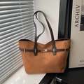 Brown faux suede tote bag with leather straps and golden metal buckle detail - Brown