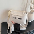 Beige corduroy tote bag with TOTE BAG embroidery and geometric pattern wide shoulder strap - White