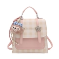 Pink plaid minimalist small backpack for women with star hardware and plush charm - Pink With Charm