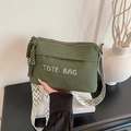 Green corduroy tote bag with TOTE BAG embroidery and geometric wide shoulder strap - Green