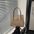 Chic beige crossbody bag with quilted rhombic texture and metal bow decoration - Khaki