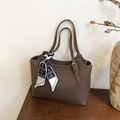 Deep brown tote bag in pebbled leather with contrast stitching and decorative scarf - Brown