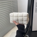 Chic white quilted square clutch bag with fluffy lattice pattern and golden zipper - White