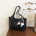 Black leather tote bag with white contrast stitching and heart print scarf handle detail - Black