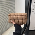 Brown quilted bubble pouch for women with square textured padding and zip closure - Brown