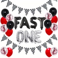 Set decorazioni primo compleanno corse con palloncini FAST ONE e bandiere a scacchi - Kit Palloncini da Corsa