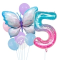 Detail of 40-inch gradient number 5 balloon with purple butterfly and macaron balloons set - Ice Blue Butterfly And Number Five Set