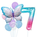 Detail of gradient purple butterfly and number 7 foil balloons for birthday party setup - Ice Blue Butterfly And Number Seven Set