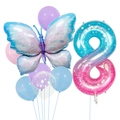 Close-up of iridescent butterfly and gradient number 8 balloon set for birthday decor - Ice Blue Butterfly And Number Eight Set