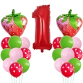 Strawberry theme first birthday balloon set with red number one and fruit foil balloons - Strawberry Decor 1