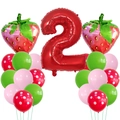 Detail of a 2nd birthday strawberry balloon set with red foil number and latex accents - Strawberry Decor 2