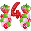 Strawberry themed 4th birthday balloon set with red number 4 and polka dot latex balloons - Strawberry Decor 4