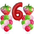 Détails du kit ballons 6ème anniversaire thème fraise avec grand chiffre rouge et décorations - Décor Fraise 6