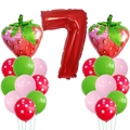 Détail du set ballon chiffre 7 rouge avec ballons fraise pour décoration de fête - Décor Fraise 7