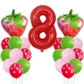 Détail du lot de ballons chiffre 8 rouge et fraises pour fête d'anniversaire aux fruits - Décor Fraise 8