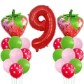 Kit ballons fraise avec chiffre neuf rouge et ballons en latex à pois colorés - Décor Fraise 9