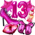 Detalle de set de globos rosa fucsia con tacones y lápiz labial para fiesta de 13 cumpleaños - Tema Fiesta 13 Años