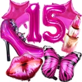 Detalle de set de globos de tacón alto y lápiz labial para fiesta de 15 cumpleaños - Tema Fiesta 15 Años