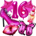Set de globos de helio fucsia con tacones y lápiz labial para decoración de 16 cumpleaños - Tema Fiesta 16 Años